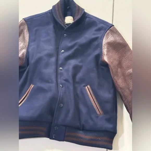 Dehen Varsity Jacket Navy with Brown Leather Sleeves Made in USA